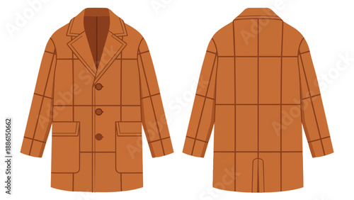 Stylish amber plaid outerwear garment presented in a front and back flat vector illustration, featuring classic lapels, functional buttons, and two