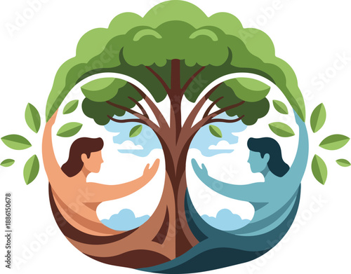 Illustration of humanity embracing nature with a tree and earthy elements