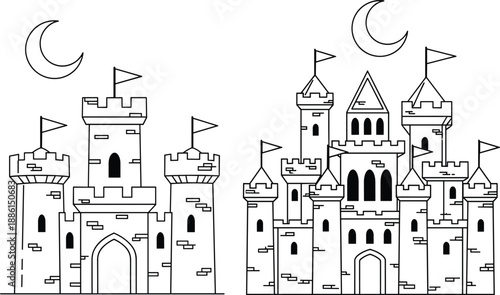 Medieval castle outline illustration with towers flags crescent moon fairytale fortress line art vector coloring page isolated background