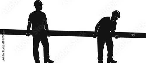 Black silhouette vector of two construction workers in hard hats carrying a long heavy wooden timber beam together