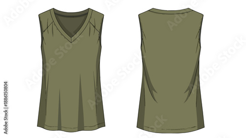 Technical illustration of an olive green V-neck sleeveless top flat sketch fashion apparel design template