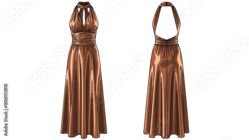 Elegant brown halter neck maxi dress illustration depicting both front and rear perspectives. This sophisticated apparel piece features a graceful