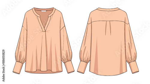 Elegant peach v-neck blouse fashion flat sketch with bishop sleeves