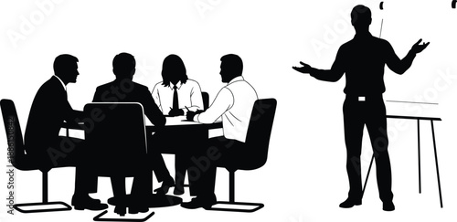 Silhouette of business people in a meeting with a speaker giving a presentation on a whiteboard, corporate teamwork, training, and professional seminar