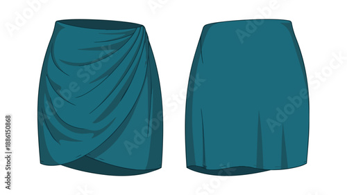 Stylish teal draped mini-skirt design flat illustration displaying a chic front wrap detail and a streamlined plain rear view, ideal for