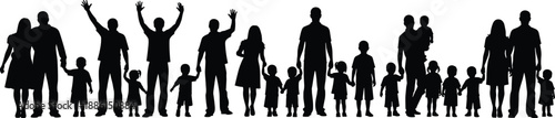 Silhouette of many diverse families with children holding hands and waving, large group of parents and kids together, community and togetherness vector illustration