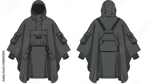 Sleek dark grey hooded techwear utility poncho, vector fashion illustration displaying front and back views with multiple functional pockets and