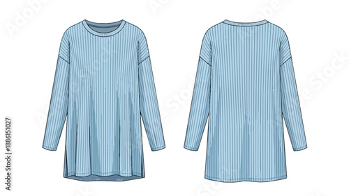 Precisely rendered technical flat drawing of a light blue women's relaxed fit long-sleeve ribbed tunic top, displaying both front and rear views for