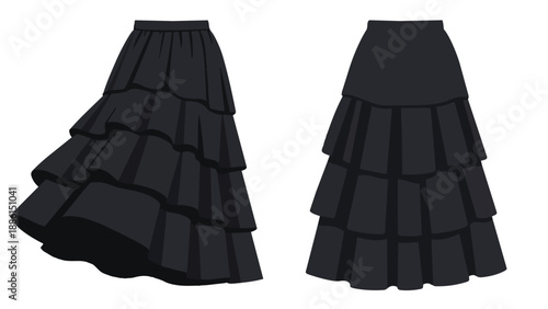 Dynamic and static views of a dark layered flounce skirt on display fashion textile illustration in a minimalist studio setting apparel garment