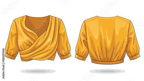 Elegant mustard wrap blouse with chic puffed sleeves and elasticated waist, front and back view