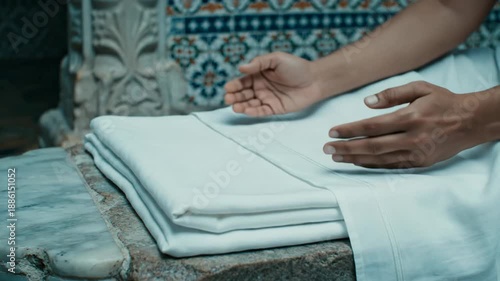 Hands Folding White Linen Towels on a Marble Surface with Ornate Tile Background Peaceful Domestic Chores and Relaxation Concept with Soft Natural Lighting