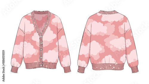 Charming pink cloud print cardigan flat sketch for fashion design development. Featuring a cozy front and back view of stylish casual knitwear