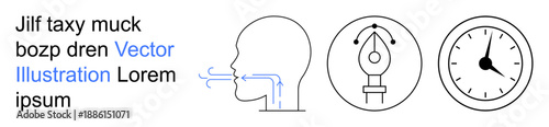 Respiratory health, creativity, time management, education, art, wellness. Line art showing human breathing, a pen nib and a clock symbol. Respiratory health and creativity concept
