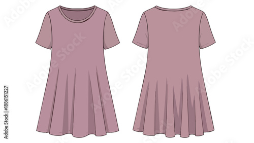 Technical flat sketch of a short-sleeved swing dress in mauve displaying both front and back views, ideal for apparel design, pattern making, and