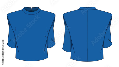 Elegant royal blue mock neck short sleeve top technical flat drawing for apparel design and fashion illustration presenting both front and back views