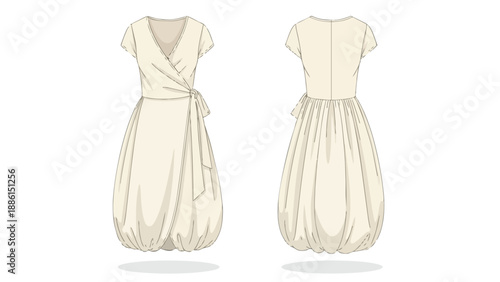 Elegant technical fashion illustration of a short-sleeved wrap dress with a distinctive balloon skirt design front and back views ideal for clothing