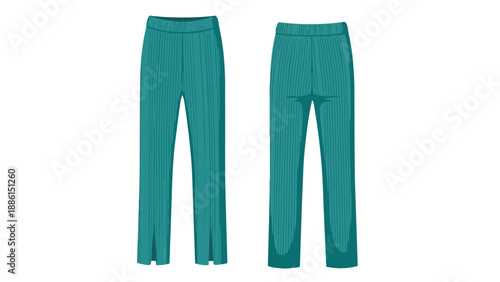 Stylish teal ribbed knitted casual loungewear trousers with subtle ankle slits presented in a minimalist flat vector illustration showing both front