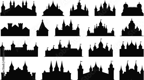 Big Set of Medieval Castle Silhouettes and Fortress Icons for Fairy Tale Kingdom Design Ancient Palace Architecture and Fantasy Game World