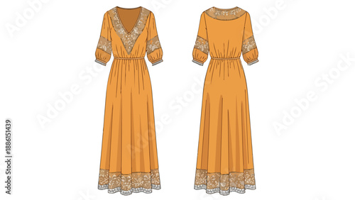 Flowing bohemian dress flat sketch with intricate lace details a fashionable garment illustration