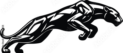 A powerful, stylized black panther in mid-leap, depicted with sleek, glossy black contours and dynamic white highlights for a striking visual effect.
