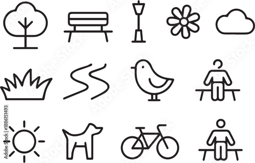 park vector icons tree bench lamp flower cloud sun bird dog