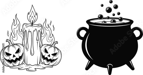 Halloween candle with melting wax pumpkins and witch cauldron silhouettes spooky magic potion horror vector illustration isolated