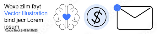 Mental health, finance, communication, notifications, business, conceptual ideas. Brain with heart, dollar symbol envelope with notification. Mental health and finance concepts