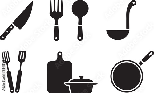 kitchen cookware icons set knife pan pot spatula cuttingboard