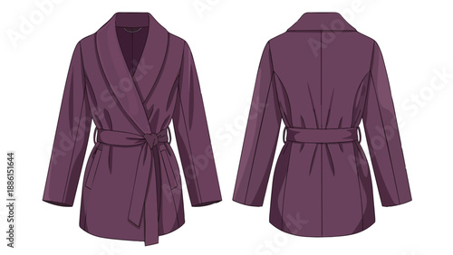 A stylish purple belted wrap jacket with a graceful shawl collar and front pockets perfect for elegant loungewear or a chic sophisticated casual