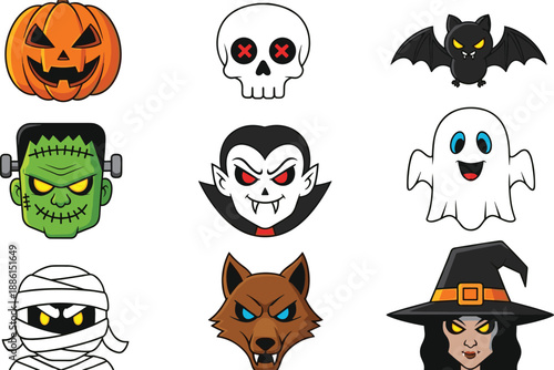 Halloween character icon set pumpkin skull bat ghost vampire monster witch mummy wolf cartoon vector illustration collection