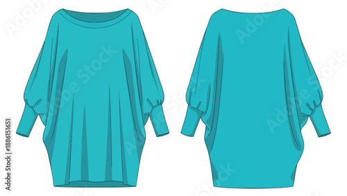 Loose teal tunic design illustration featuring a wide neckline and gathered sleeves, presented in both front and back views for fashion template