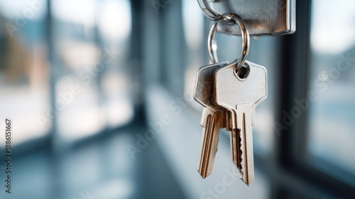 Real estate business market, house home building purchase sale. A closeup of a keychain with a bunch of keys hanging from it, set against a blurred background.