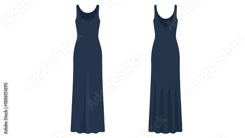 A sleek sophisticated navy blue maxi dress, featuring both its elegant front profile and gracefully draped rear view, perfect for fashion design