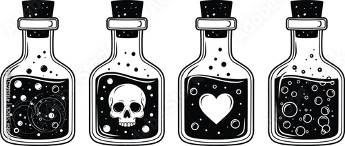 Magic potion bottles set with skull heart symbols witchcraft alchemy halloween spooky black vector illustration isolated icons