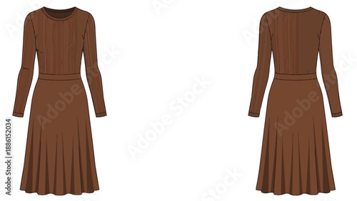 Elegant brown midi dress design with long sleeves and pleated skirt, showcasing sophisticated fashion apparel suitable for various occasions and