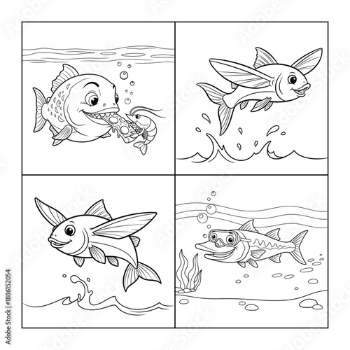 Funny barracuda wearing swim goggles and a snorkel underwater, bold line art kids coloring page