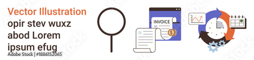 Financial analysis, invoicing, workflow, productivity, document management, business data. Includes a magnifying glass, invoice and process cycle. Financial analysis and invoicing concepts