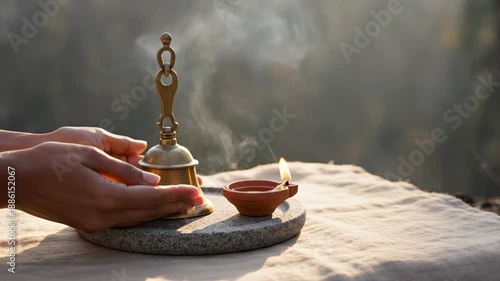 Hands holding a brass bell near a lit clay oil lamp with smoke rising against a blurred natural background during sunset casting warm golden light and creating a serene spiritual atmosphere for