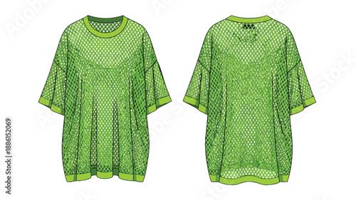 Green mesh oversized t-shirt technical flat sketch presenting front and back views for modern apparel design documentation showcasing textile detail