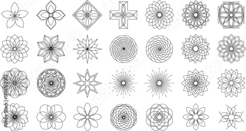 Vector illustration set featuring minimalist line art geometric mandalas starbursts and floral emblems for versatile branding and logo designs