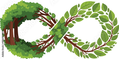 Interconnected trees forming an infinity symbol representing sustainability and environmental harmony in a digital illustration