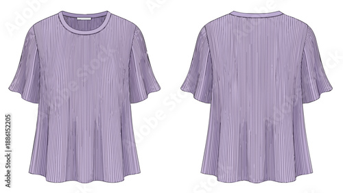 Elegant lavender pleated short-sleeve top showcasing delicate fashion apparel design from front and back view