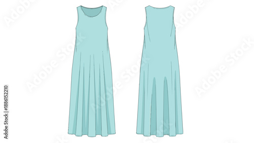 Detailed technical illustration of a serene aqua blue sleeveless maxi dress showcasing front and back flat sketch views, perfect for apparel design