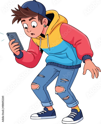 A cartoon boy wearing a colorful hoodie and ripped jeans reacts surprised while using a smartphone, depicted from a slightly angled viewpoint.
