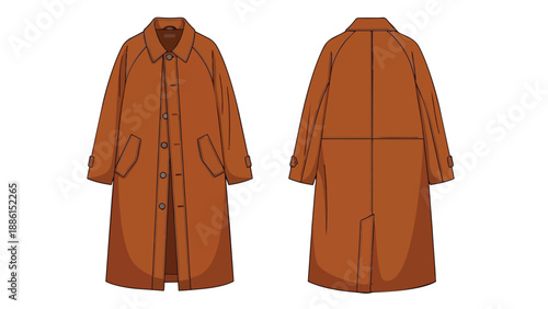 Detailed brown overcoat flat sketch showcasing front and back. Essential garment technical drawing for apparel design, highlighting collar, buttons,