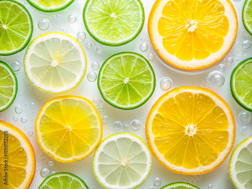 Bubble lemonade water with citrus slices. Seamless pattern with citrus fruits.