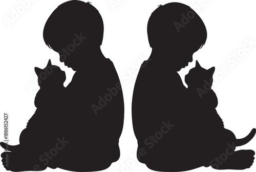 Silhouette of two children sitting with cats
