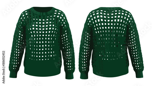 Vibrant emerald green open-knit long-sleeve sweater showcasing contemporary crochet design with front and back views ideal for stylish layering and
