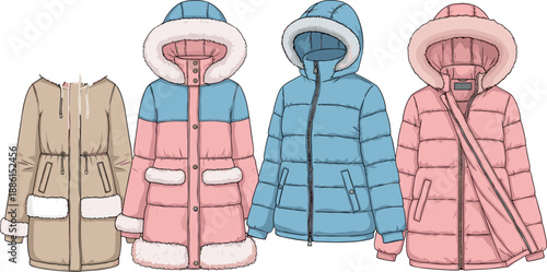 Vector illustration set featuring modern winter puffer jackets parkas with fur trim and quilted coats for cold weather fashion