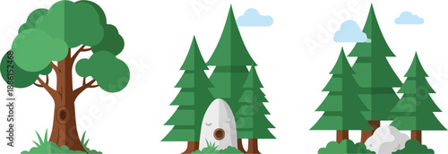 Illustration of trees and a hidden entrance in a serene forest landscape from a frontal viewpoint